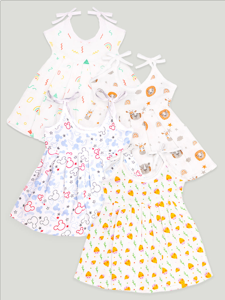 Extra Soft Muslin Fabric Baby Girls Frock | Pack of 4 | Tiger, Mickey, Rainbow and Cute Chick Print