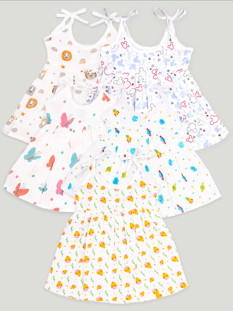 Extra Soft Muslin Fabric Baby Girls Frock | Pack of 5 | Butterfly, Tiger, Space, Rainbow and Cute Chick Print