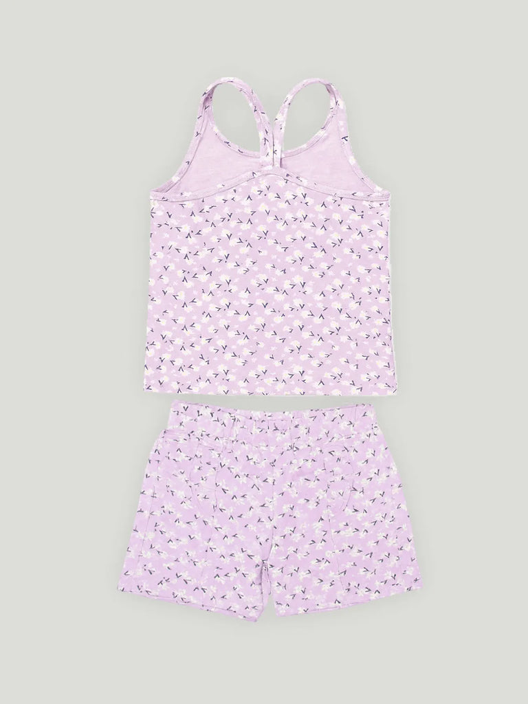 Girls Floral Print Sleeveless Tank Top and Elastic Waist Shorts Clothing Set | Purple