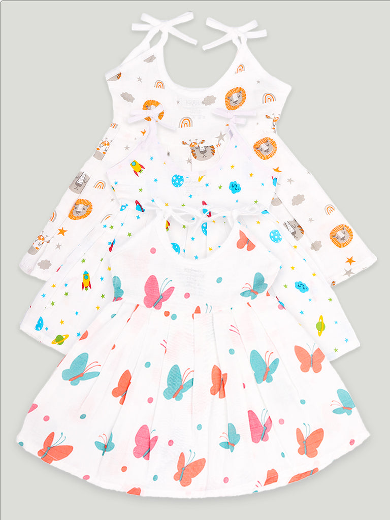 Extra Soft Muslin Fabric Baby Girls Frock | Pack of 3 | Tiger, Space and Butterfly Print