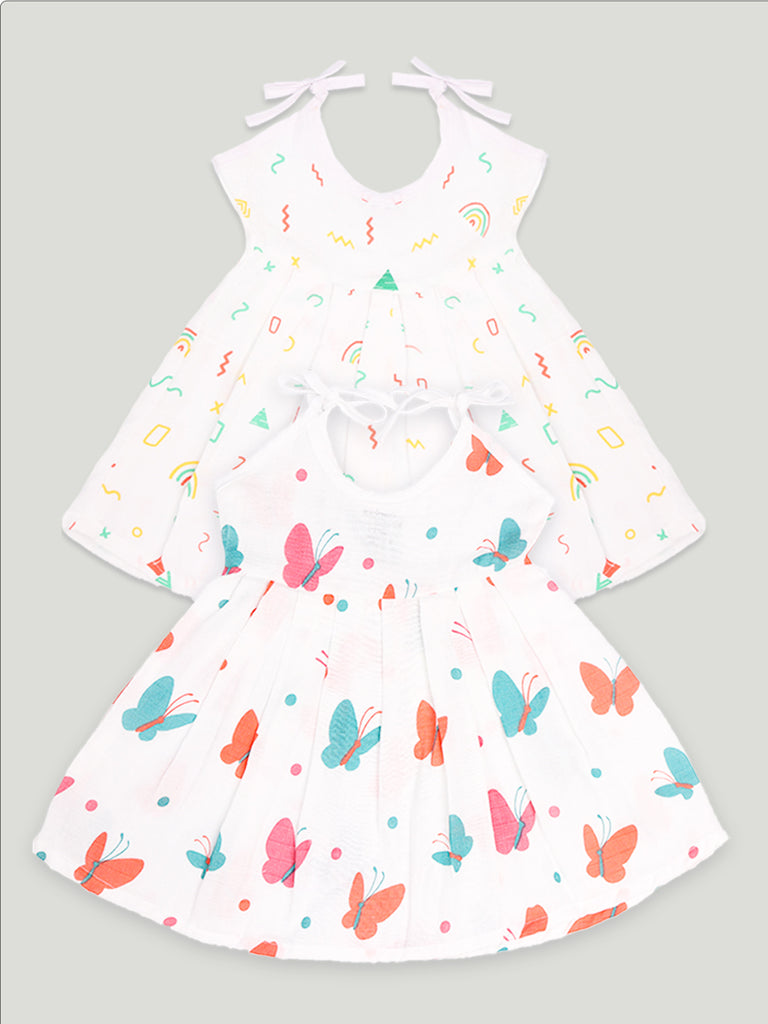Extra Soft Muslin Fabric Baby Girls Frock | Rainbow and Butterfly Print Pack of 2