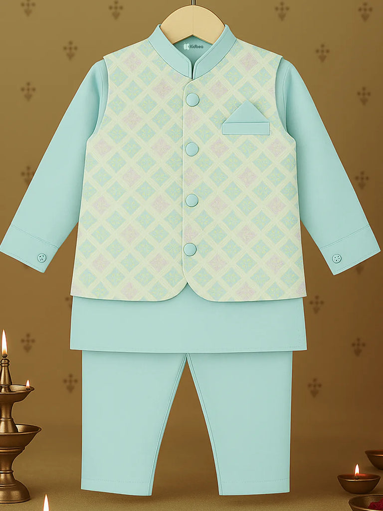Boys Stylish Kurta Pajama Set with Embroidered Nehru Jacket | Traditional Festive Ethnic Wear | Blue