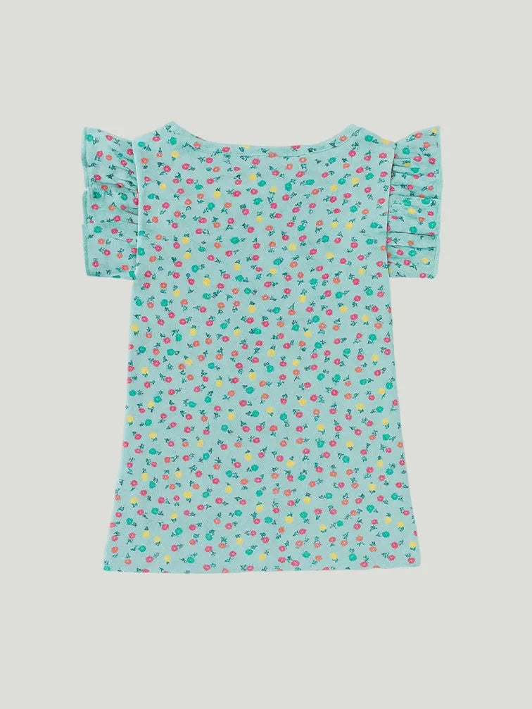 Girl Floral Print Clothing Set | Ruffle Sleeve Top and Matching Shorts | Teal