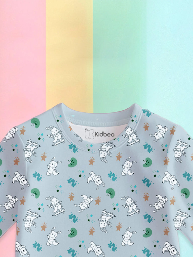 100% Bamboo Cotton Unisex Full Sleeves Bunny Printed Co-Ord Set - Sky Blue