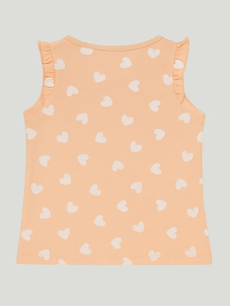 Girls Heart Print Clothing Set | Soft Sleeveless Top with Ruffle Sleeves and Elastic Waist Shorts | Peach