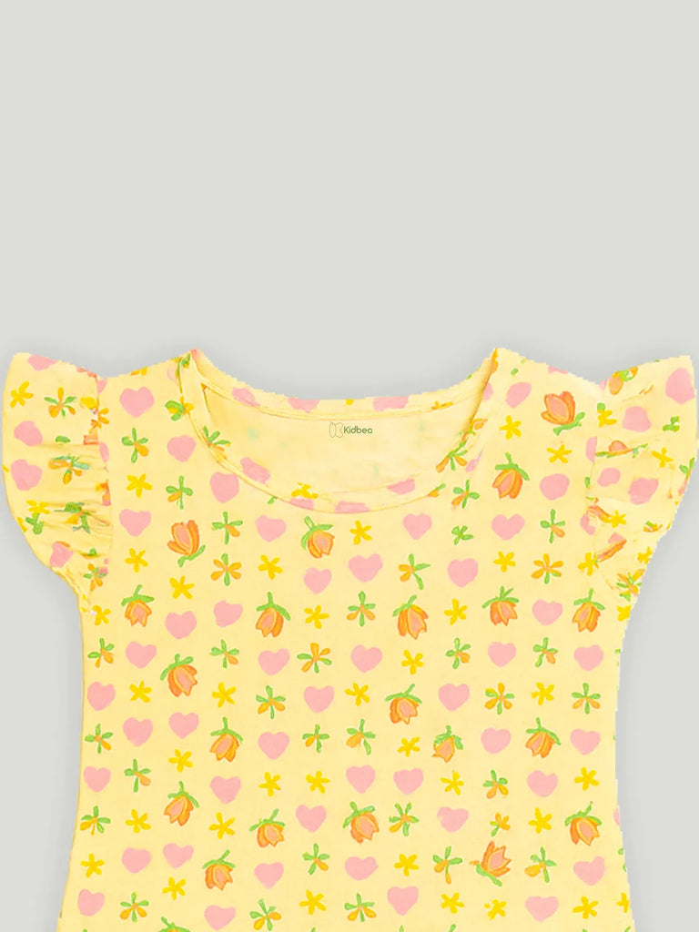 Girls Floral and Heart Print Clothing Set | Short Sleeve Ruffle Top and Elastic Waist Shorts for Kids | Yellow