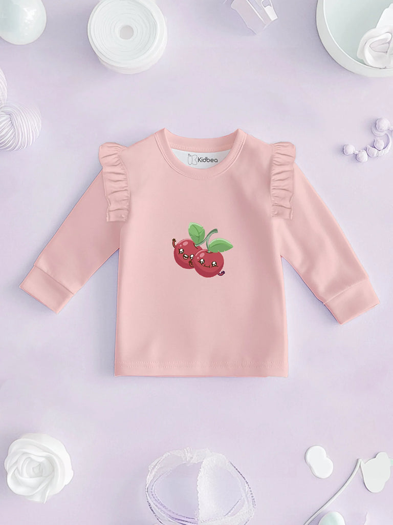100% Bamboo Cotton Girls Full Sleeves Cherry Printed Co-Ord Set - Blush Pink