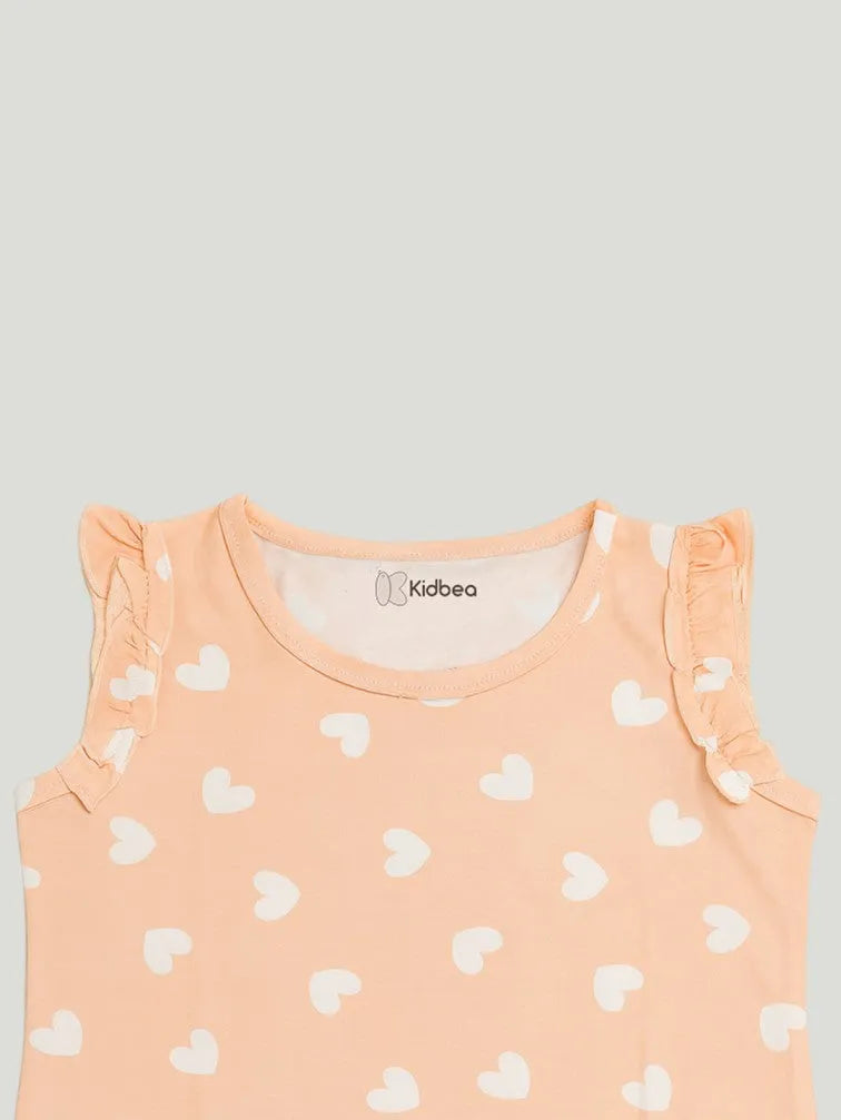 Girls Heart Print Clothing Set | Soft Sleeveless Top with Ruffle Sleeves and Elastic Waist Shorts | Peach