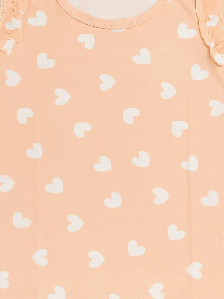 Girls Heart Print Clothing Set | Soft Sleeveless Top with Ruffle Sleeves and Elastic Waist Shorts | Peach