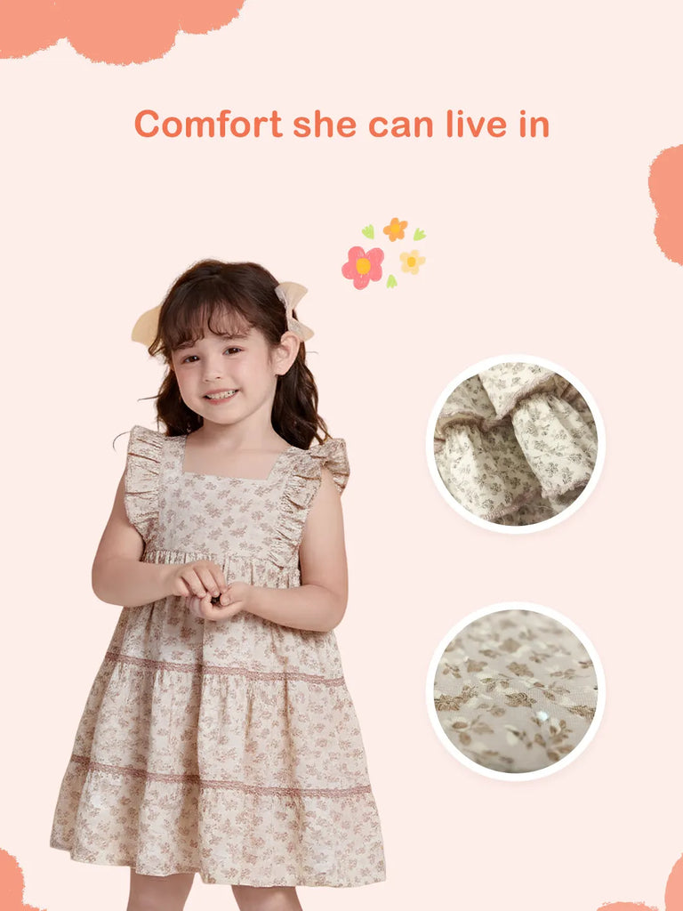 Girls Sleeveless Ruffle Floral Dress | Organic Cotton Summer Frock