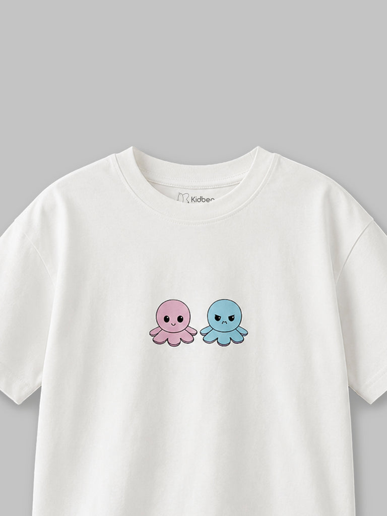 Organic Cotton White Round Neck Octopus Print Half Sleeve T-Shirt for Kids | Unisex