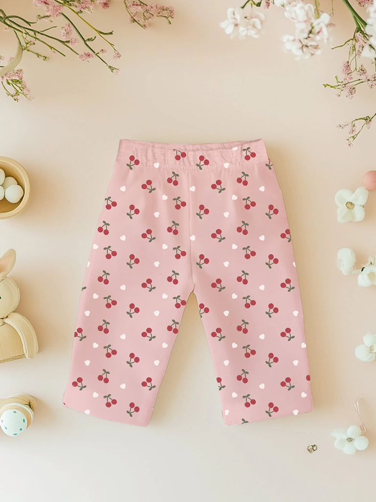 100% Bamboo Cotton Girls Full Sleeves Cherry Printed Co-Ord Set - Blush Pink