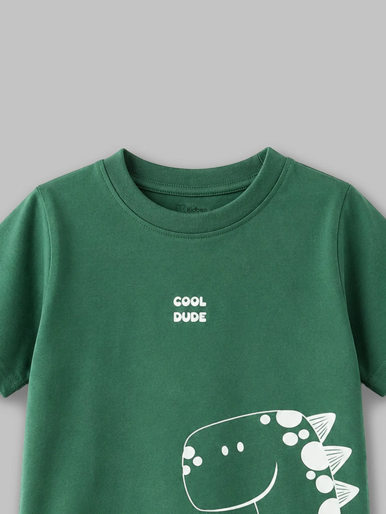 Organic Cotton Forest Green Dinosaur Print Round Neck Half Sleeve T-Shirt for Boys