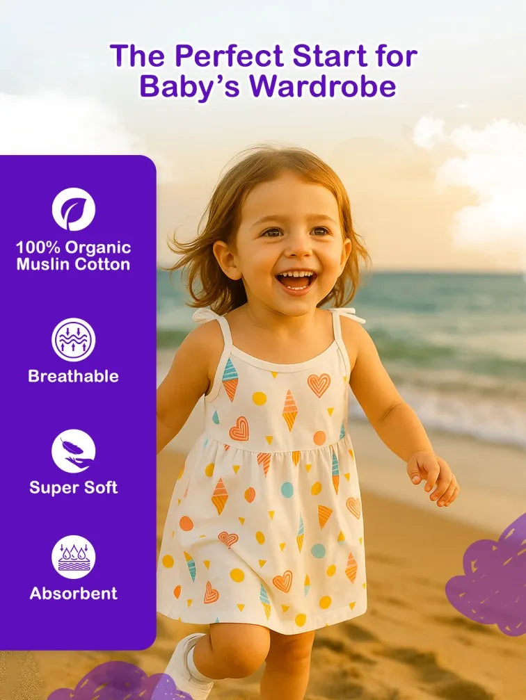 Premium Extra Soft Muslin Baby Girls Frock | Cute Ice-cream Prints