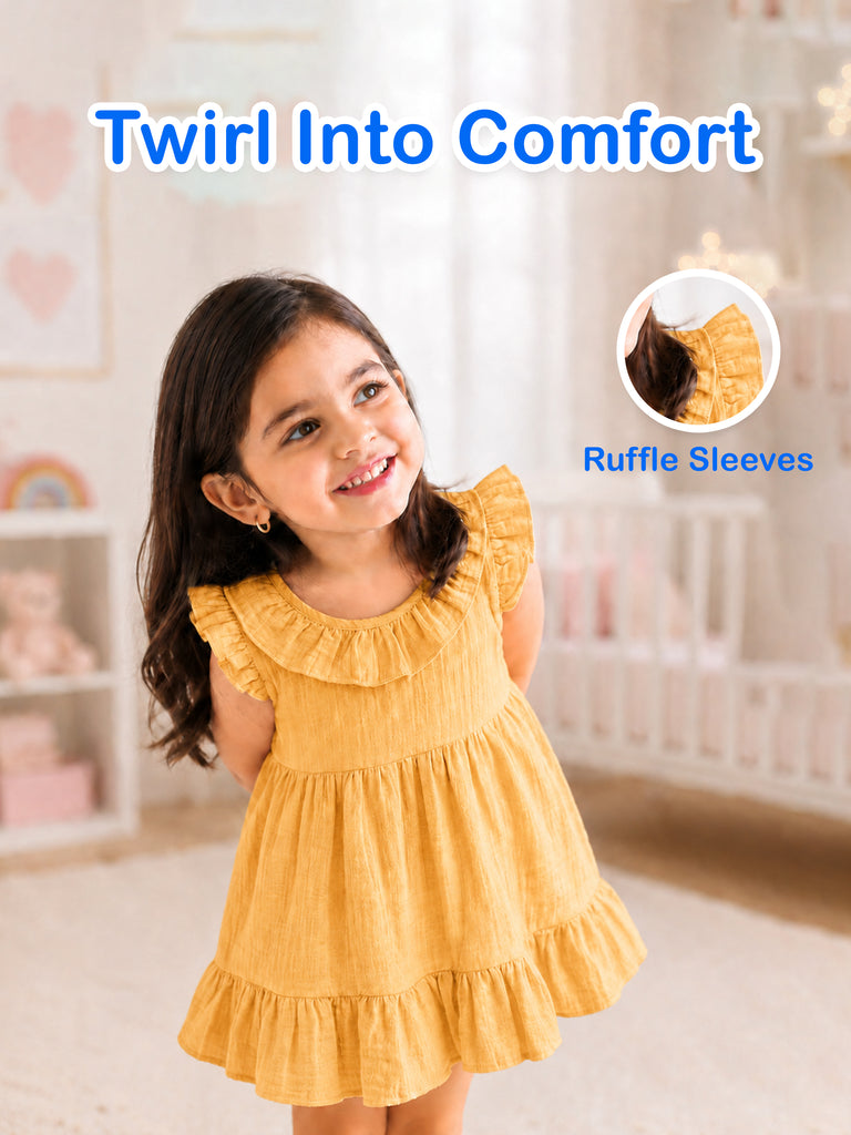 Light Organic cotton Charming Mustard Yellow Girls Frock | Mustard Yellow
