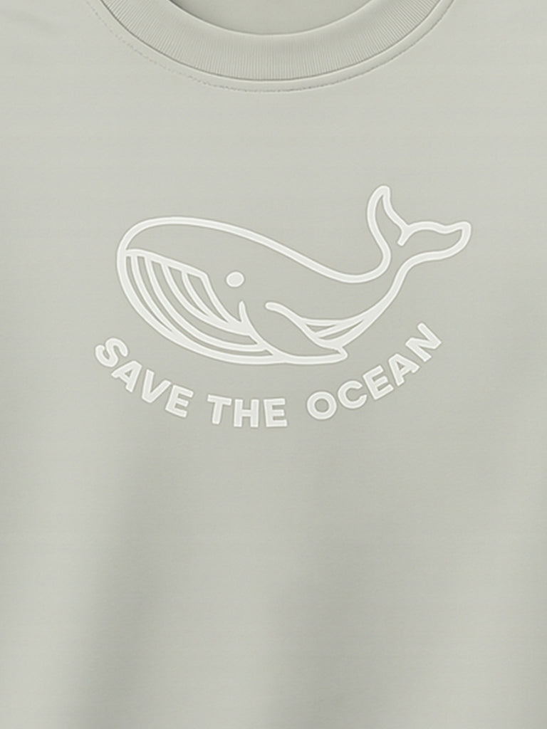 Organic Cotton Gray Whale Print Oversized Round Neck Half Sleeve T-Shirt | Unisex