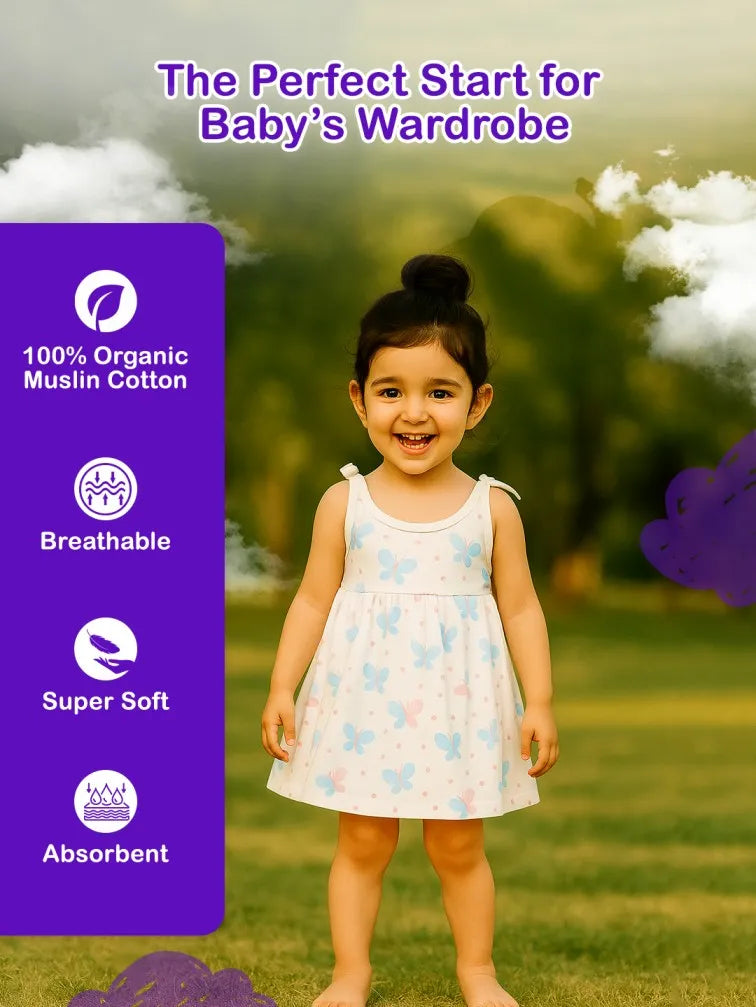 Premium Extra Soft Muslin Baby Girls Frock | Cute Butterfly Print