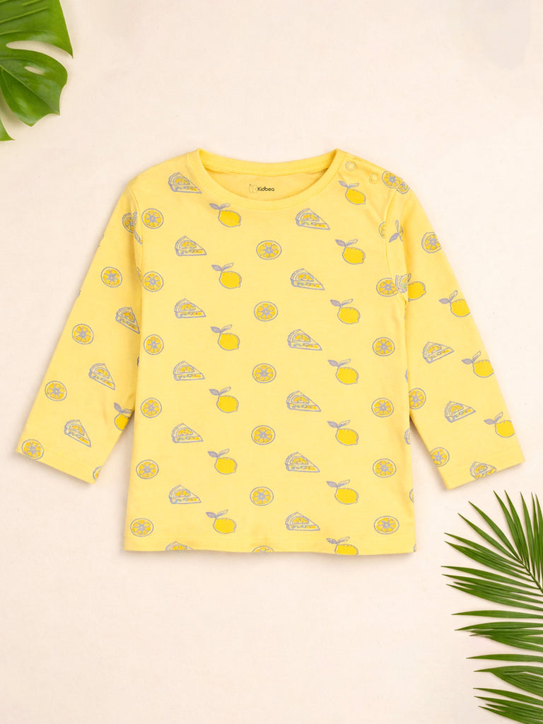Organic Cotton Unisex Baby Co-ord Set – Soft Breathable Yellow Lemon Print Full Sleeve T-shirt & Pyjama for Infants