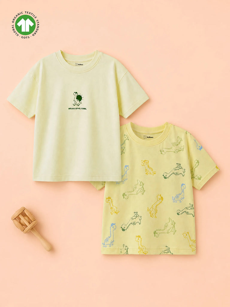 Organic Cotton Dino Print Half Sleeve T-Shirt Combo Pack for Boys (Pack of 2)