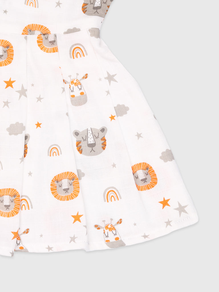Extra Soft Muslin Fabric Baby Girls Frock | Pack of 5 | Butterfly, Tiger, Space, Rainbow and Cute Chick Print