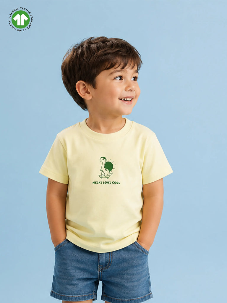 Organic Cotton Lemon Yellow Turtle Print Round Neck Half Sleeve T-Shirt for Boys