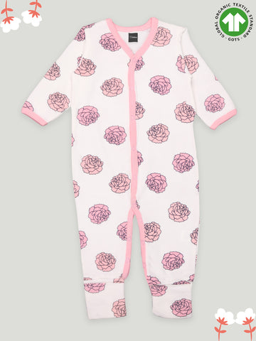 Kidbea 100% cotton  fabric full sleeves & full buttons romper | Flower | Pink