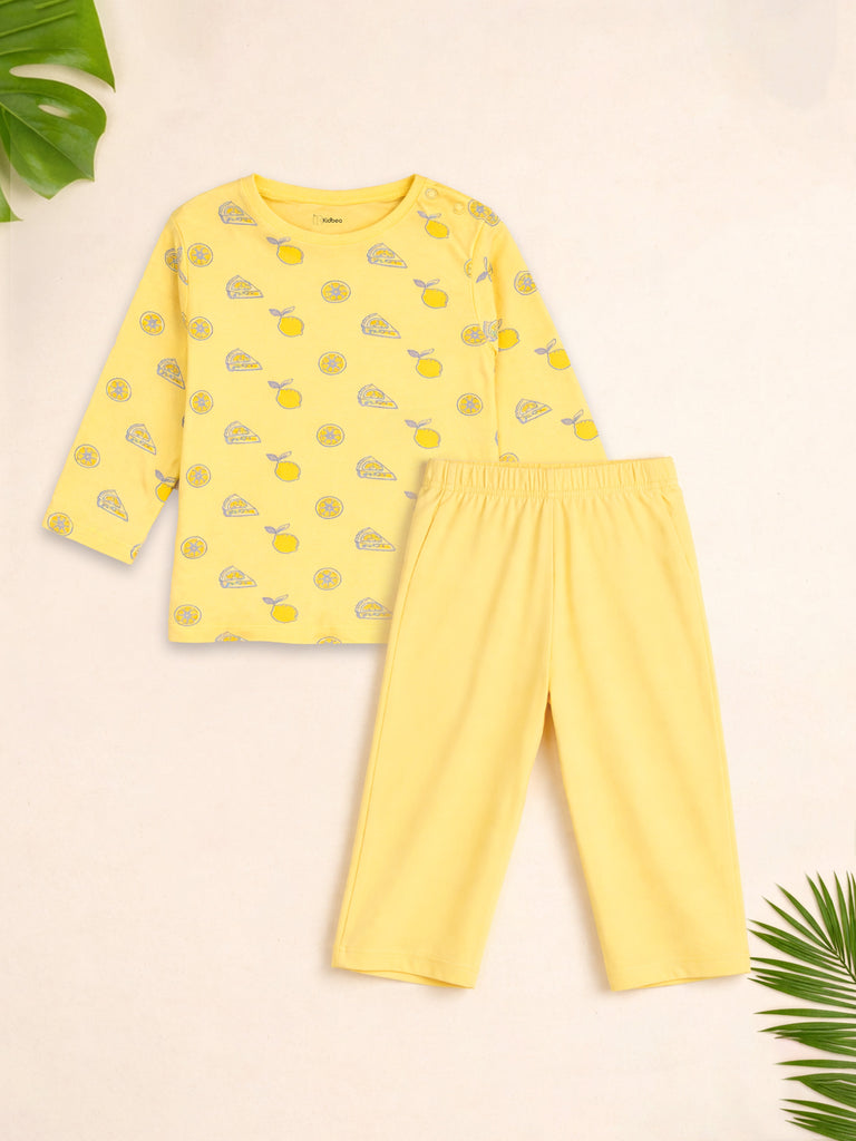 Organic Cotton Unisex Baby Co-ord Set – Soft Breathable Yellow Lemon Print Full Sleeve T-shirt & Pyjama for Infants