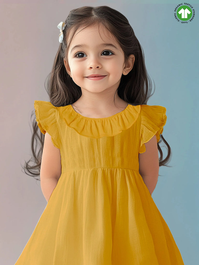 Light Organic cotton Charming Mustard Yellow Girls Frock | Mustard Yellow