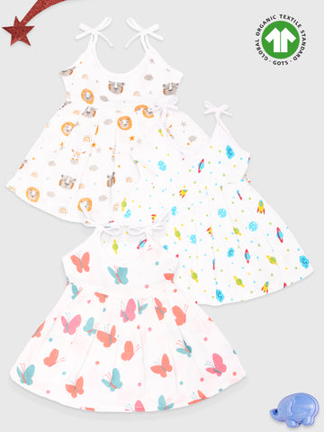 Kidbea Muslin Cotton fabric baby girls frock | Packof 3 | Tiger, Space & Butterfly | Print May Vary