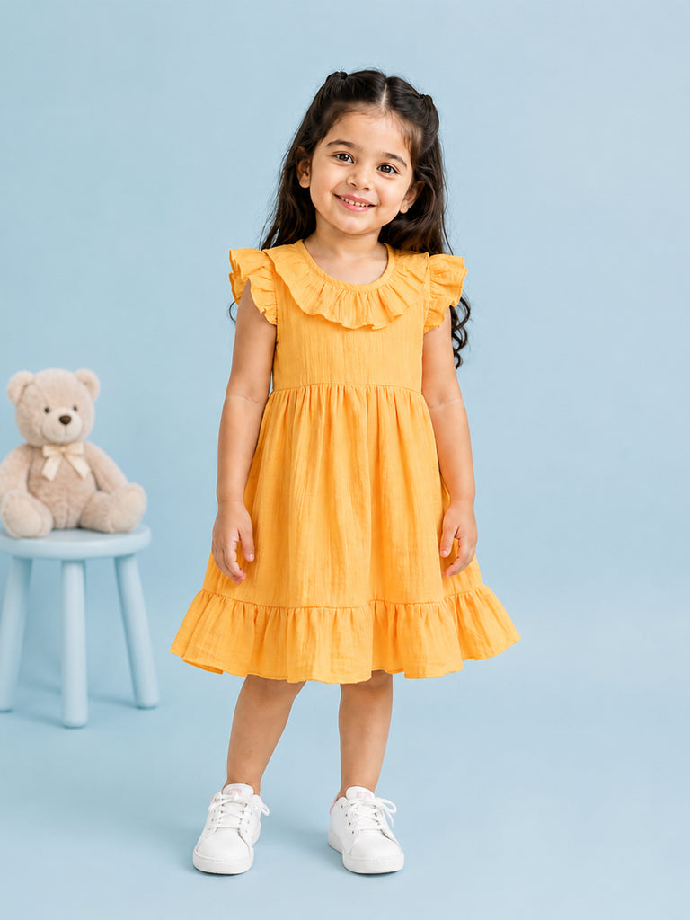 Light Organic cotton Charming Mustard Yellow Girls Frock | Mustard Yellow