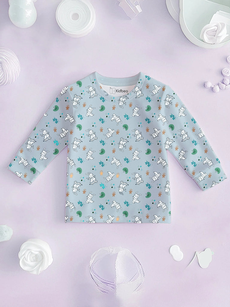 100% Bamboo Cotton Unisex Full Sleeves Bunny Printed Co-Ord Set - Sky Blue