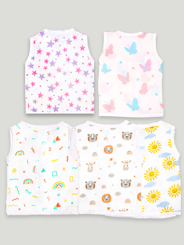 Kidbea Extra Soft Muslin Cotton Jhabla Cloth for Baby | Star, Butterfly, Rainbows, Tiger and Sun Print | Pack of 5 | Print May Vary