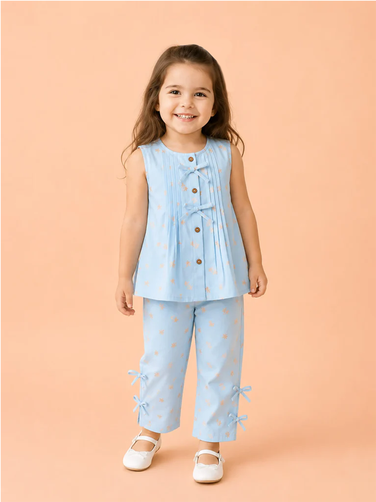 Light Organic Cotton Sky Blue Printed Top & Pant Co-ord Set