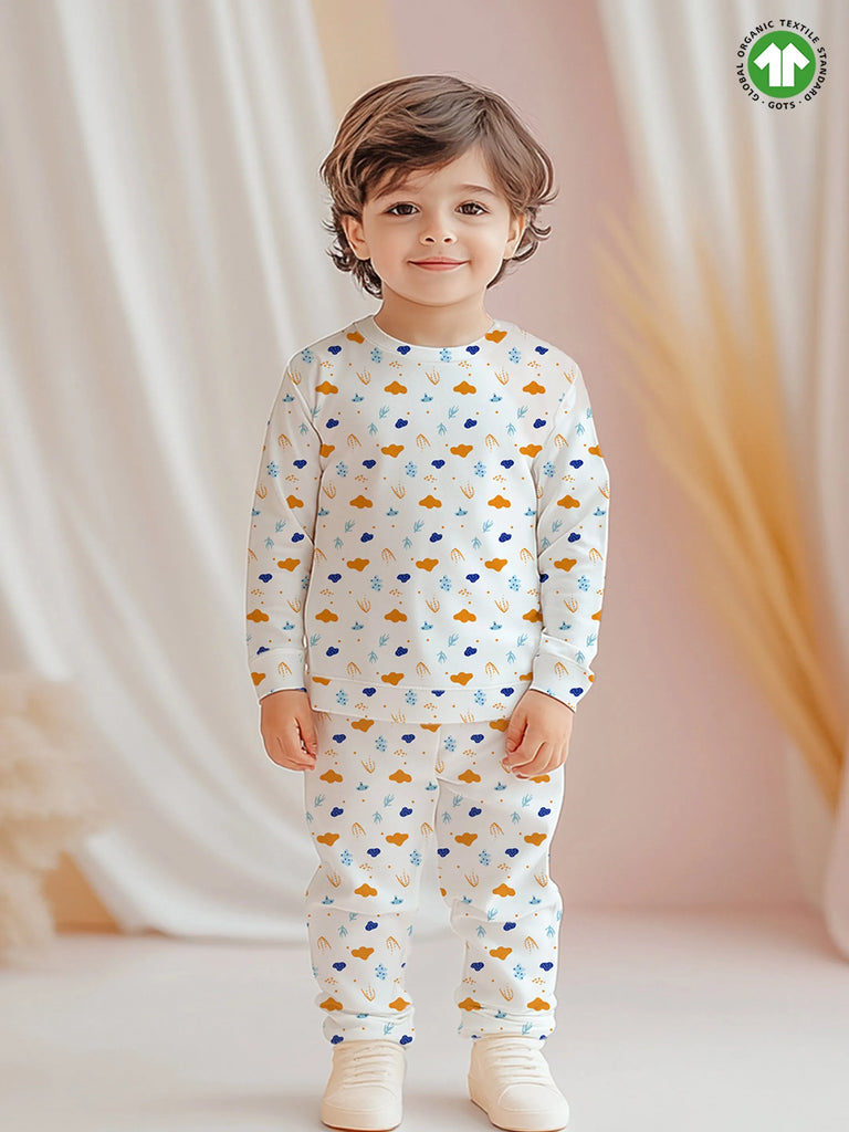 100% Bamboo Cotton Unisex Cloud & Nature Printed Co-Ord Set - White