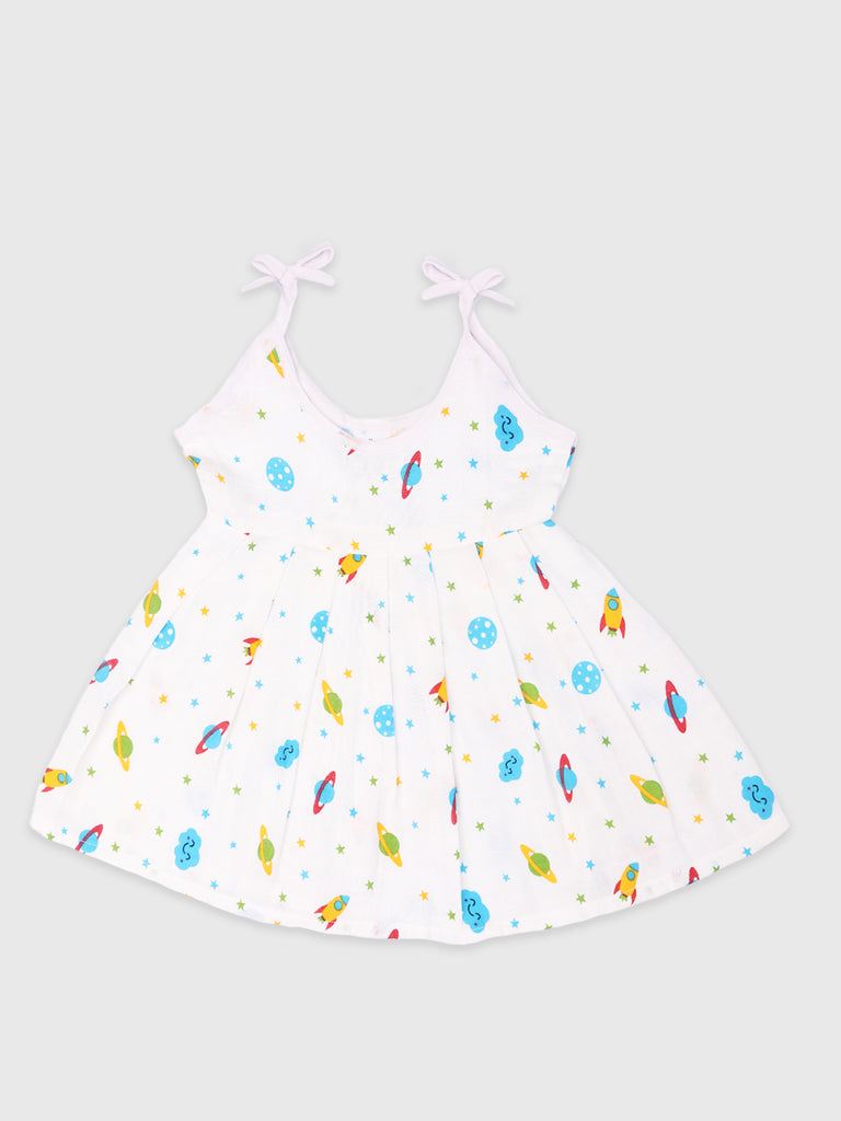 Extra Soft Muslin Fabric Baby Girls Frock | Pack of 5 | Butterfly, Mickey, Space, Rainbow and Cute Chick Print