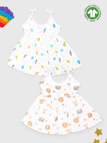 Kidbea Muslin Cotton fabric baby girls frock | Packof 2 | Space & Tiger | Print May Vary