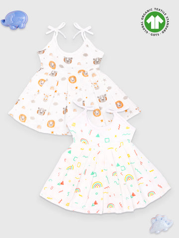 Kidbea Muslin Cotton fabric baby girls frock | Pack of 2 | Rainbow & Tiger | Print May Vary
