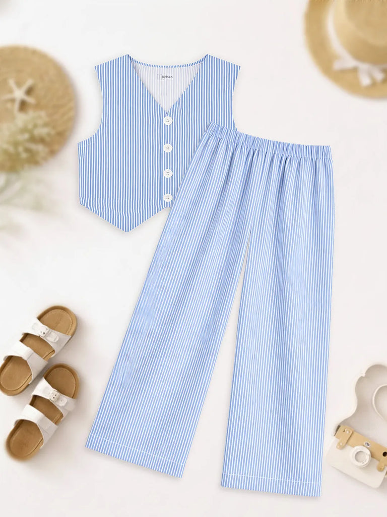 Girls Blue Striped Co-Ord Set | 100% Organic Cotton