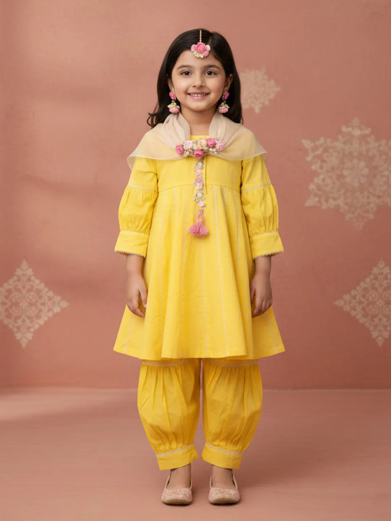 Girls Yellow Ethnic Kurta Salwar Set with Dupatta | Festive