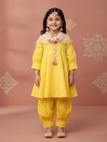 Girls Yellow Ethnic Kurta Salwar Set with Dupatta | Festive