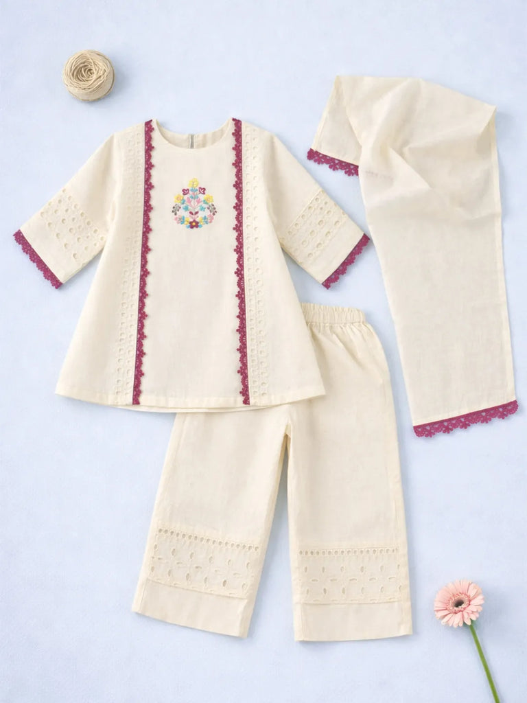 Girls Cream Ethnic Kurta Palazzo Set with Dupatta | Festive