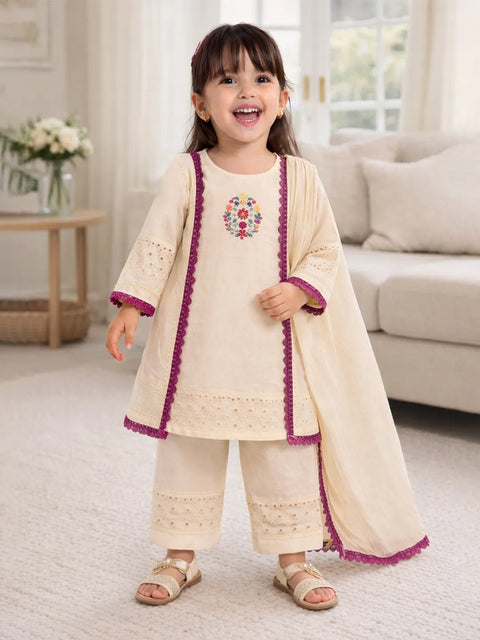 Girls Cream Ethnic Kurta Palazzo Set with Dupatta | Festive
