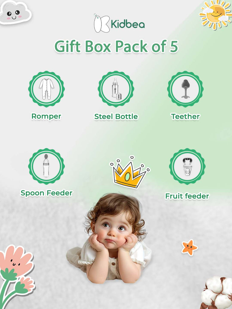 Kidbea® Premium Baby Gift Set – Pack of 5 Essentials | Dino Romper, Stainless Steel Bottle, Teether, Spoon & Fruit Feeder | Ideal Newborn Gift Box for Girls