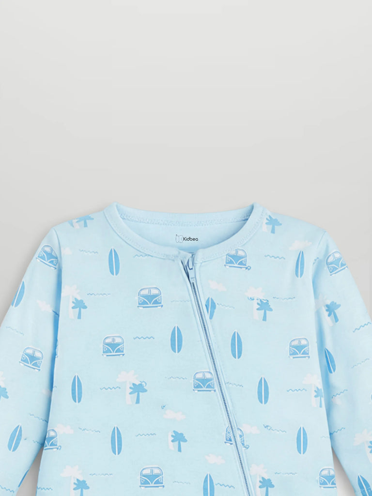 Organic Cotton Baby Romper – Soft Breathable Beach Print Full Sleeve Zip Sleepsuit