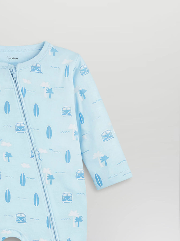 Organic Cotton Baby Romper – Soft Breathable Beach Print Full Sleeve Zip Sleepsuit