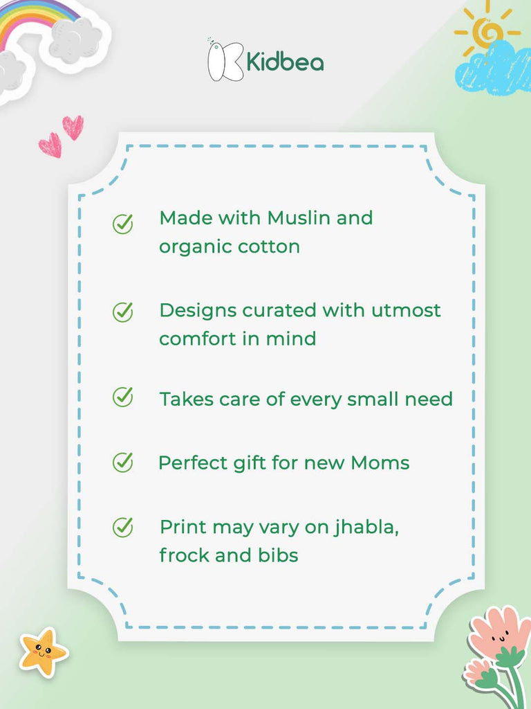 Kidbea® Unisex Baby Gift Set – Pack of 5 Essentials | Giraffe Romper, Linen Frock, Jhabla, Steel Feeding Bottle, Fruit Feeder | Organic Newborn Gift Box