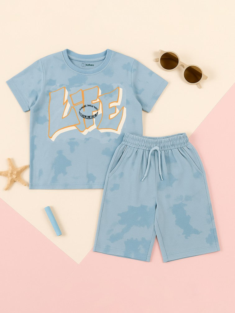 Kidbea Boys Tie-Dye Co-Ord Set | Summer Cotton T-Shirt and Shorts for Kids | Light Blue