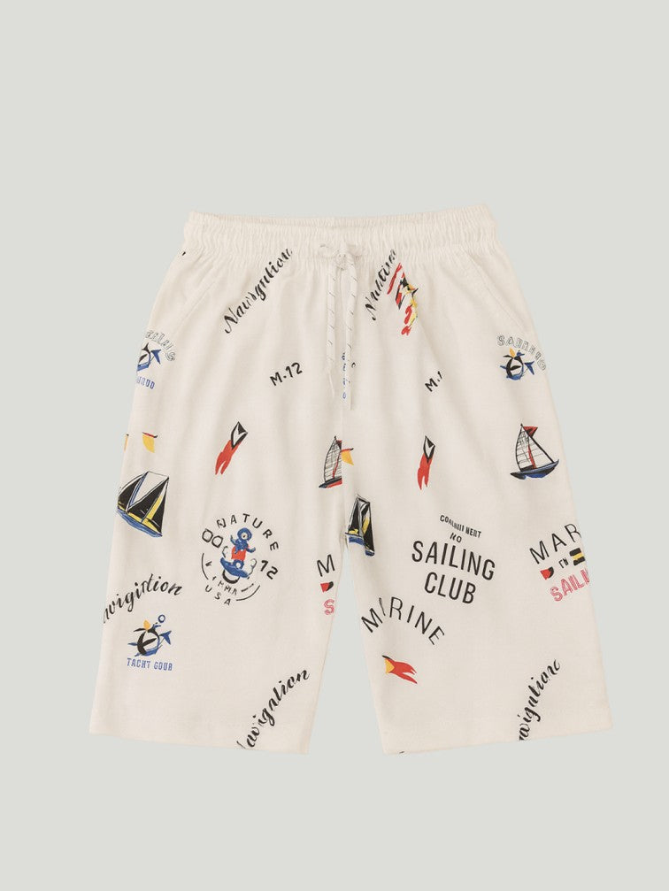 Kidbea Boys Nautical Theme Summer Co-Ord Set | Cotton T-Shirt and Shorts for Kids | White