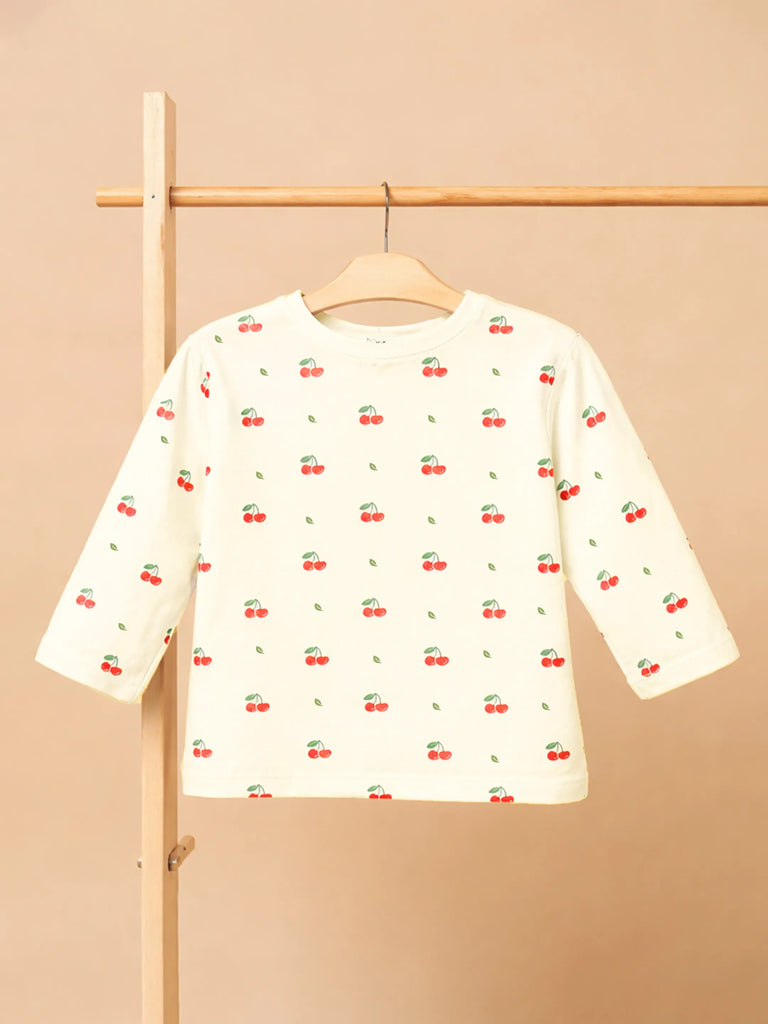 Organic Cotton Unisex Baby Co-ord Set – Soft Breathable Cream Cherry Print Full Sleeve T-shirt & Pyjama for Infants