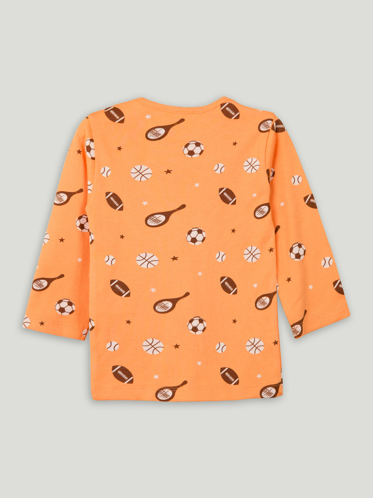 Organic Cotton Unisex Baby Co-ord Set – Soft Breathable Orange Sports Print Full Sleeve T-shirt & Pyjama  for Infants
